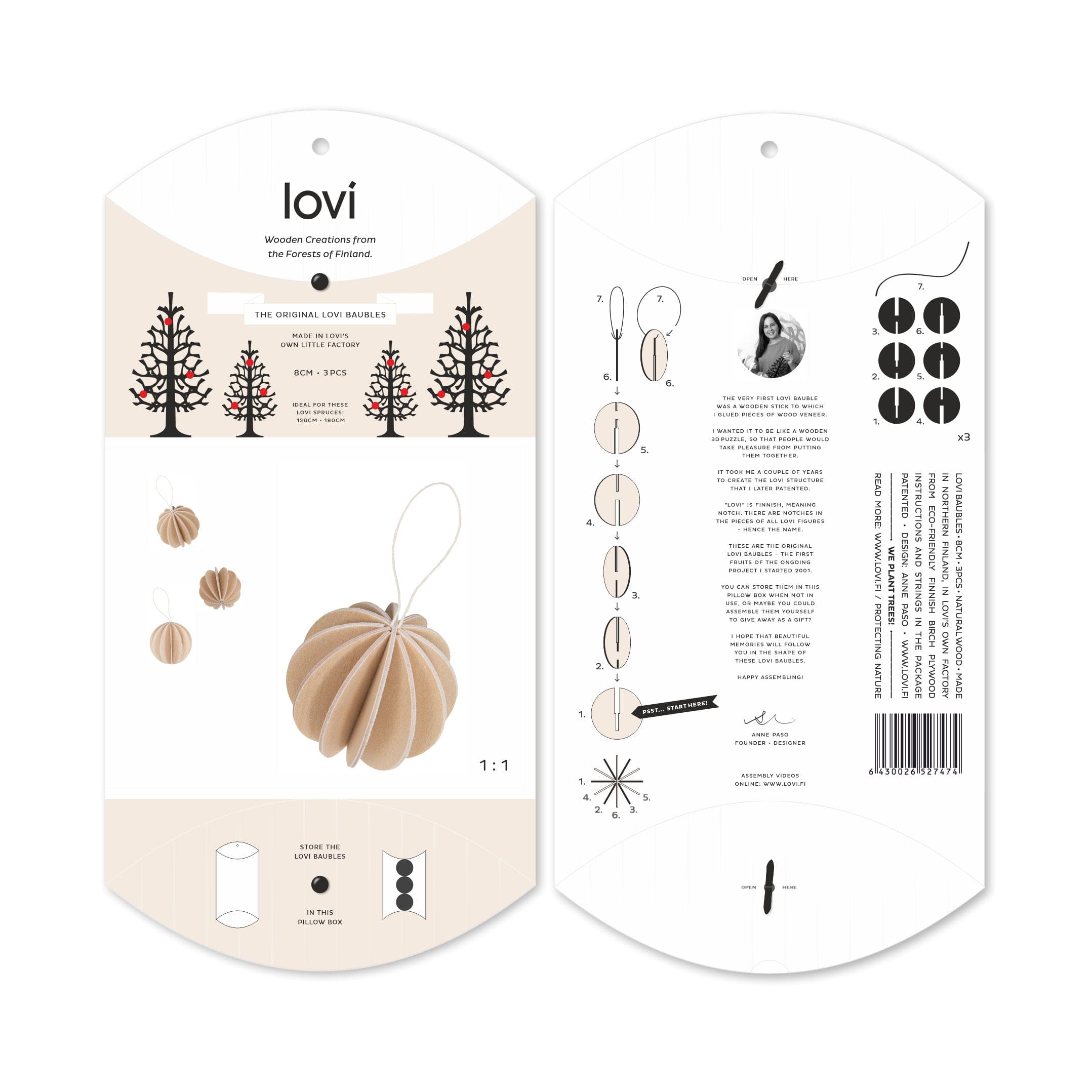 3 Baubles, Natural (8cm)